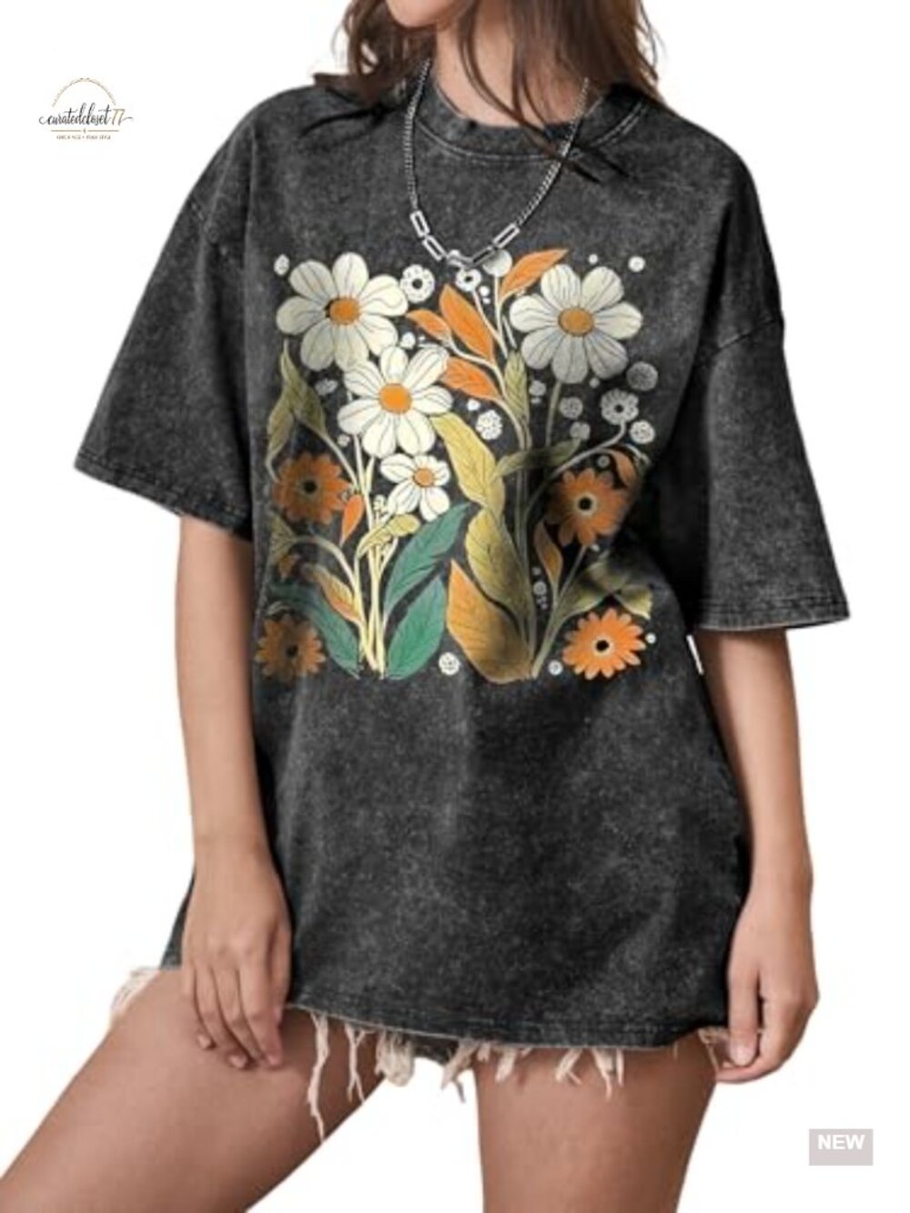 Oversized Flower Graphic T-Shirt Short Sleeve Crewneck Soft Breathable
